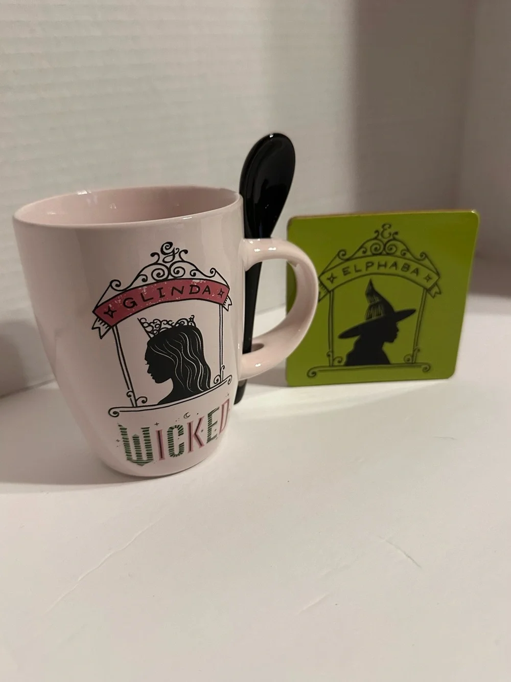 Pink Wicked Themed Ceramic Mug with Black Spoon